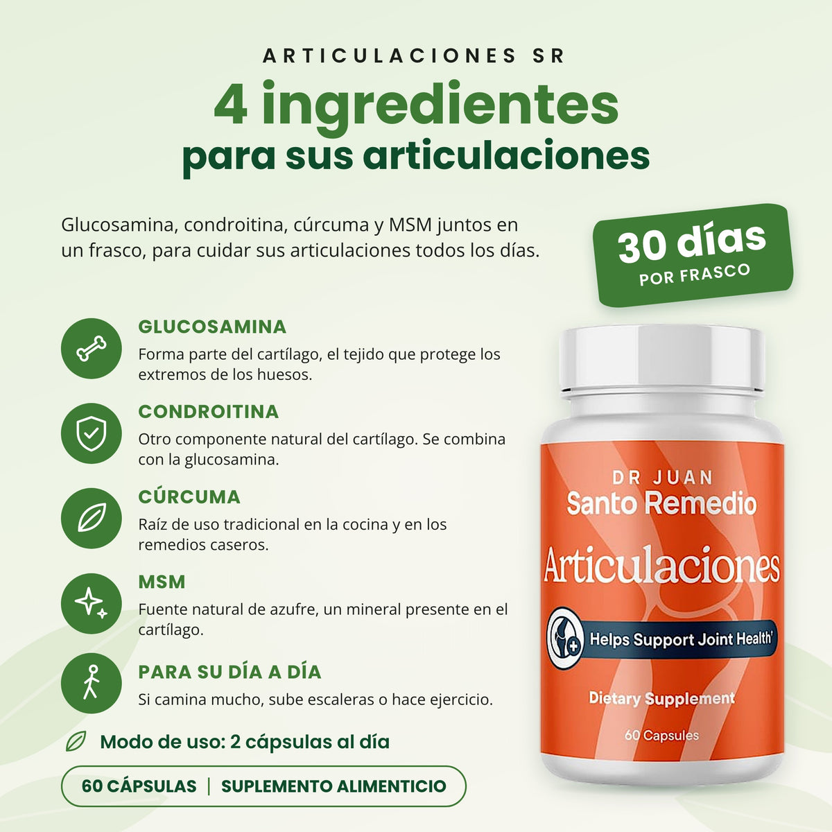 ARTICULACIONES SR. 4 ingredientes para sus articulaciones. Glucosamina: Forma parte del cartílago, el tejido que protege los extremos de los huesos. Condroitina: Otro componente natural del cartílago. Se combina con la glucosamina. Cúrcuma: Raíz de uso tradicional en la cocina y en los remedios caseros. MSM: Fuente natural de azufre, un mineral presente en el cartílago. Para su día a día: Si camina mucho, sube escaleras o hace ejercicio.