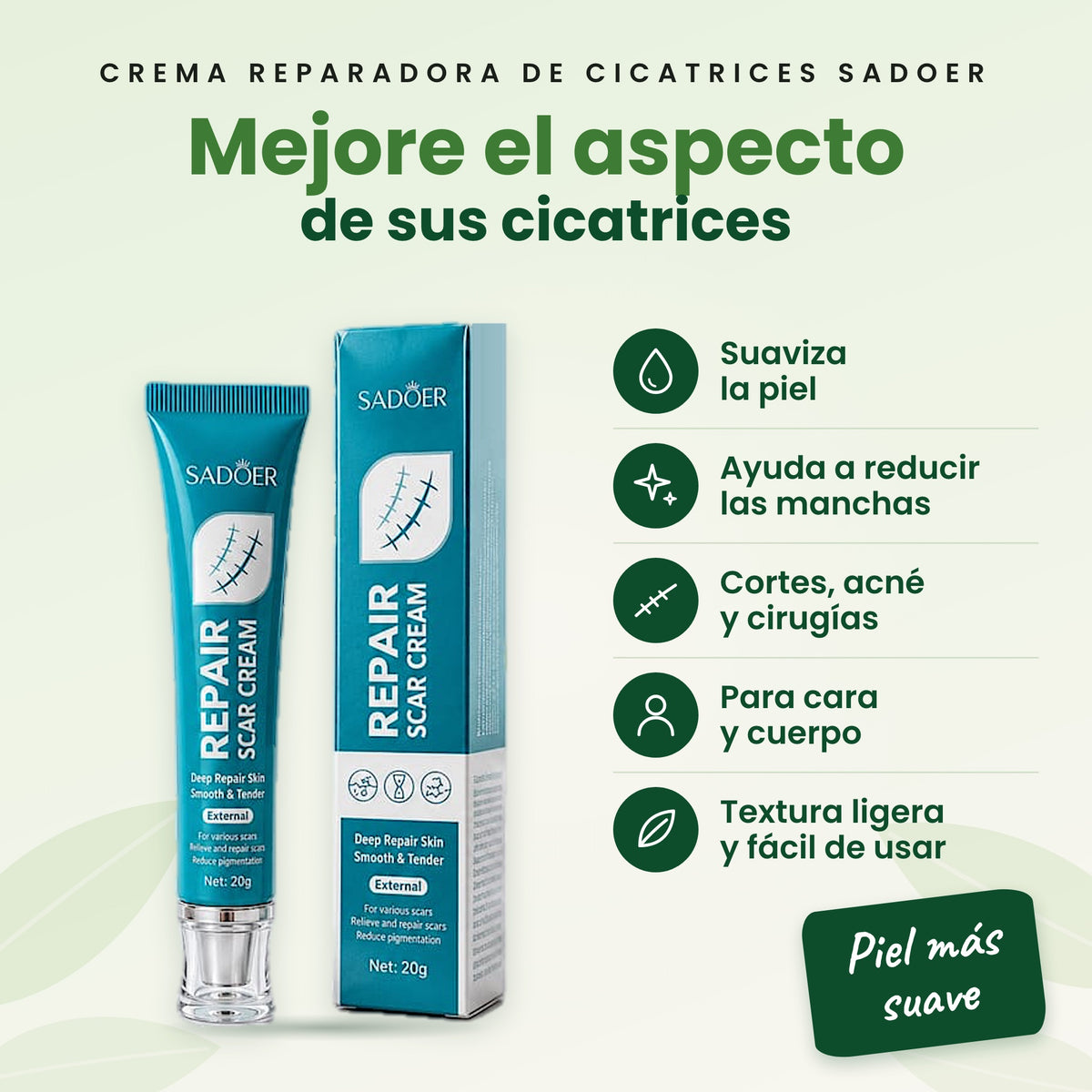 CREMA REPARADORA DE CICATRICES SADOER. Mejore el aspecto de sus cicatrices: Suaviza la piel; Ayuda a reducir las manchas; Cortes, acné y cirugías; Para cara y cuerpo; Textura ligera y fácil de usar