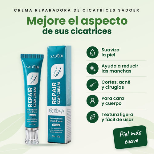 CREMA REPARADORA DE CICATRICES SADOER. Mejore el aspecto de sus cicatrices: Suaviza la piel; Ayuda a reducir las manchas; Cortes, acné y cirugías; Para cara y cuerpo; Textura ligera y fácil de usar