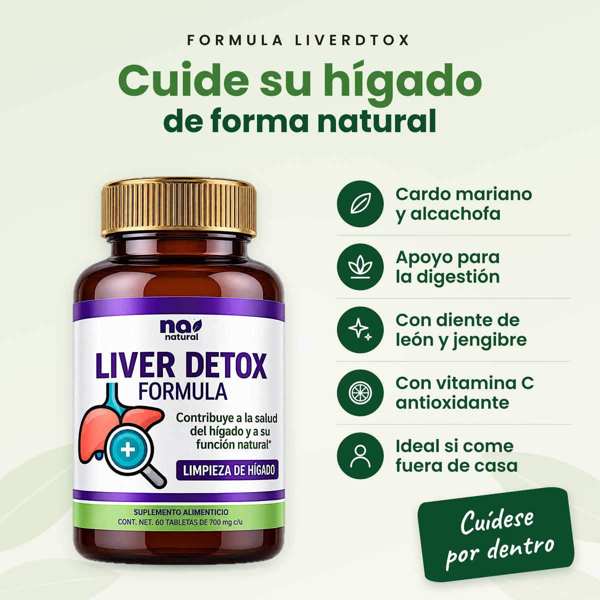 FORMULA LIVERDTOX. Cuide su hígado de forma natural: Cardo mariano y alcachofa; Apoyo para la digestión; Con diente de león y jengibre; Con vitamina C antioxidante; Ideal si come fuera de casa