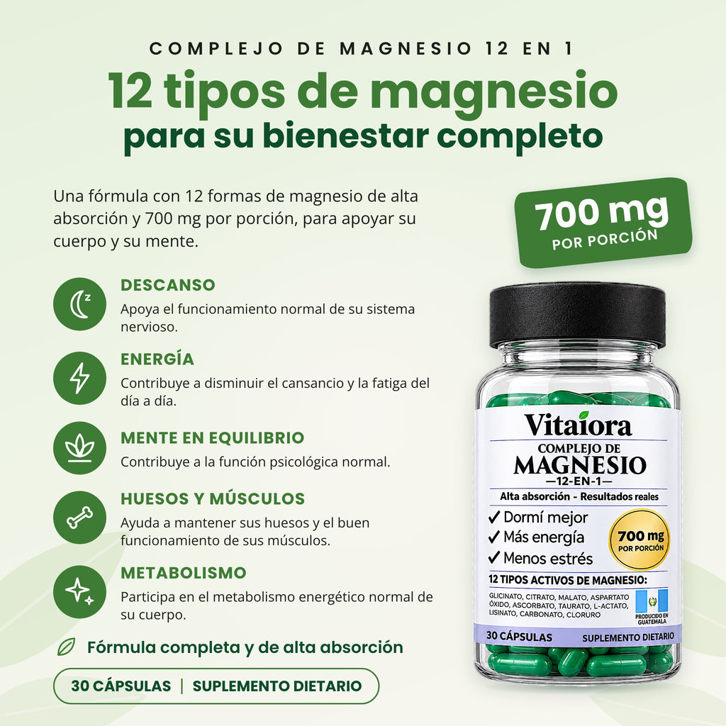 COMPLEJO DE MAGNESIO 12 EN 1. 12 tipos de magnesio para su bienestar completo. Descanso: Apoya el funcionamiento normal de su sistema nervioso. Energía: Contribuye a disminuir el cansancio y la fatiga del día a día. Mente en equilibrio: Contribuye a la función psicológica normal. Huesos y músculos: Ayuda a mantener sus huesos y el buen funcionamiento de sus músculos. Metabolismo: Participa en el metabolismo energético normal de su cuerpo.