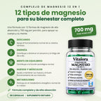 COMPLEJO DE MAGNESIO 12 EN 1. 12 tipos de magnesio para su bienestar completo. Descanso: Apoya el funcionamiento normal de su sistema nervioso. Energía: Contribuye a disminuir el cansancio y la fatiga del día a día. Mente en equilibrio: Contribuye a la función psicológica normal. Huesos y músculos: Ayuda a mantener sus huesos y el buen funcionamiento de sus músculos. Metabolismo: Participa en el metabolismo energético normal de su cuerpo.